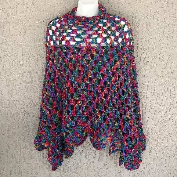 Hand Crafted Jackets & Blazers - Handmade Multicolor Open Knit Crochet Poncho One Size